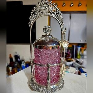 Vintage Pink glass and silver tone "pickle" Castor with Tongs